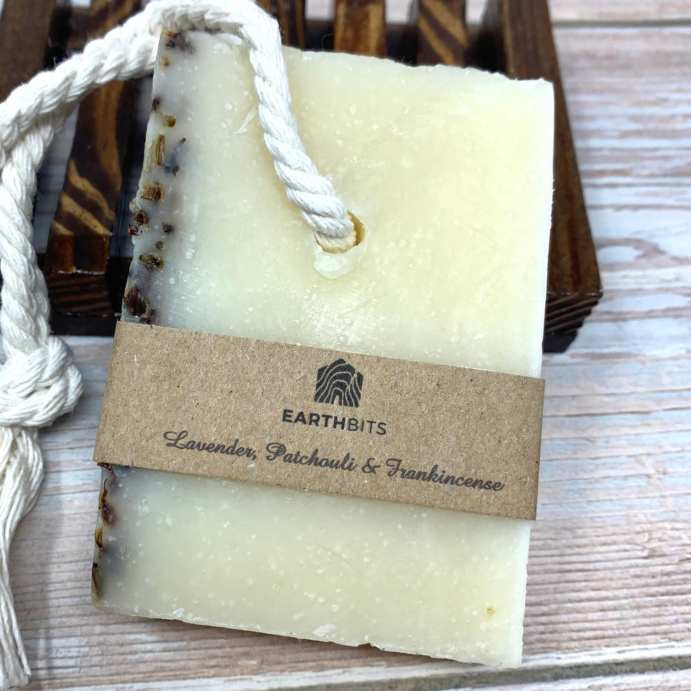 lavender patchouli frankisense soap on rope handmade in the uk with lavender petals