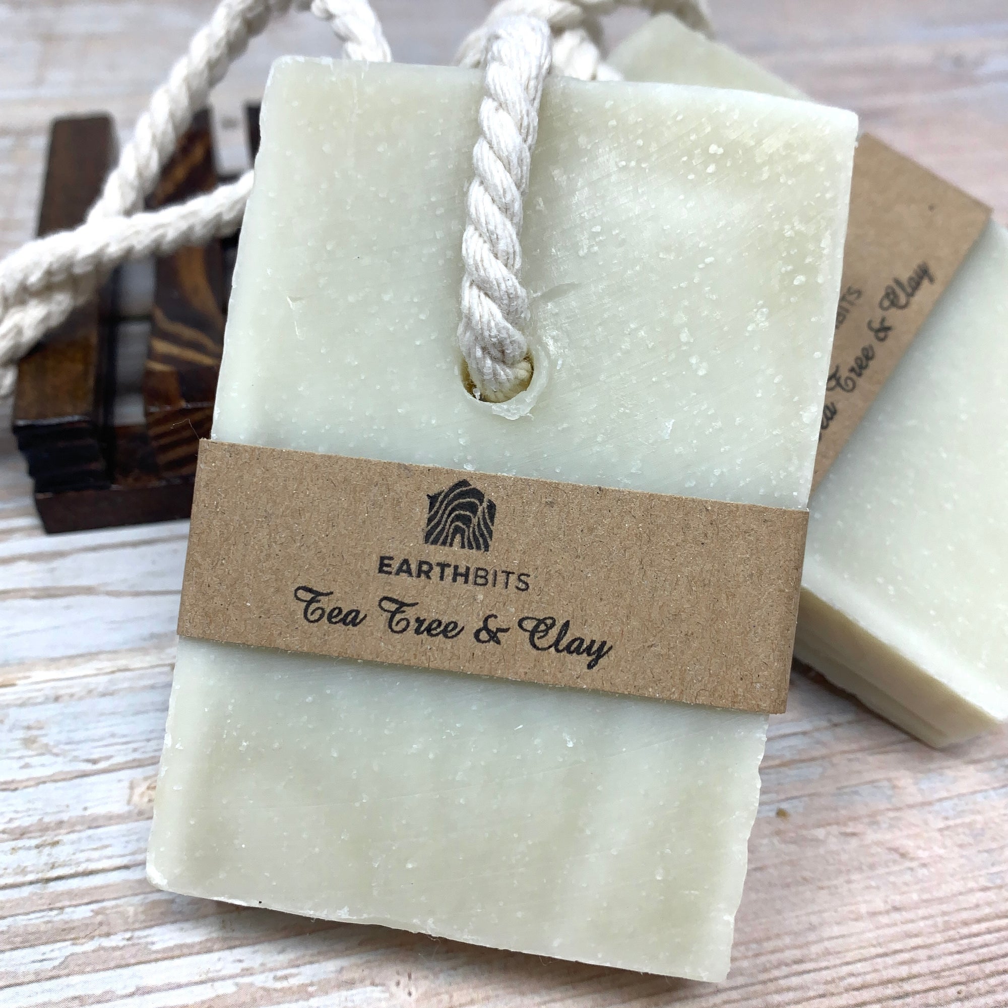 tea tree and clay soap on rope handmade in uk by earthbits with plastic free packaging