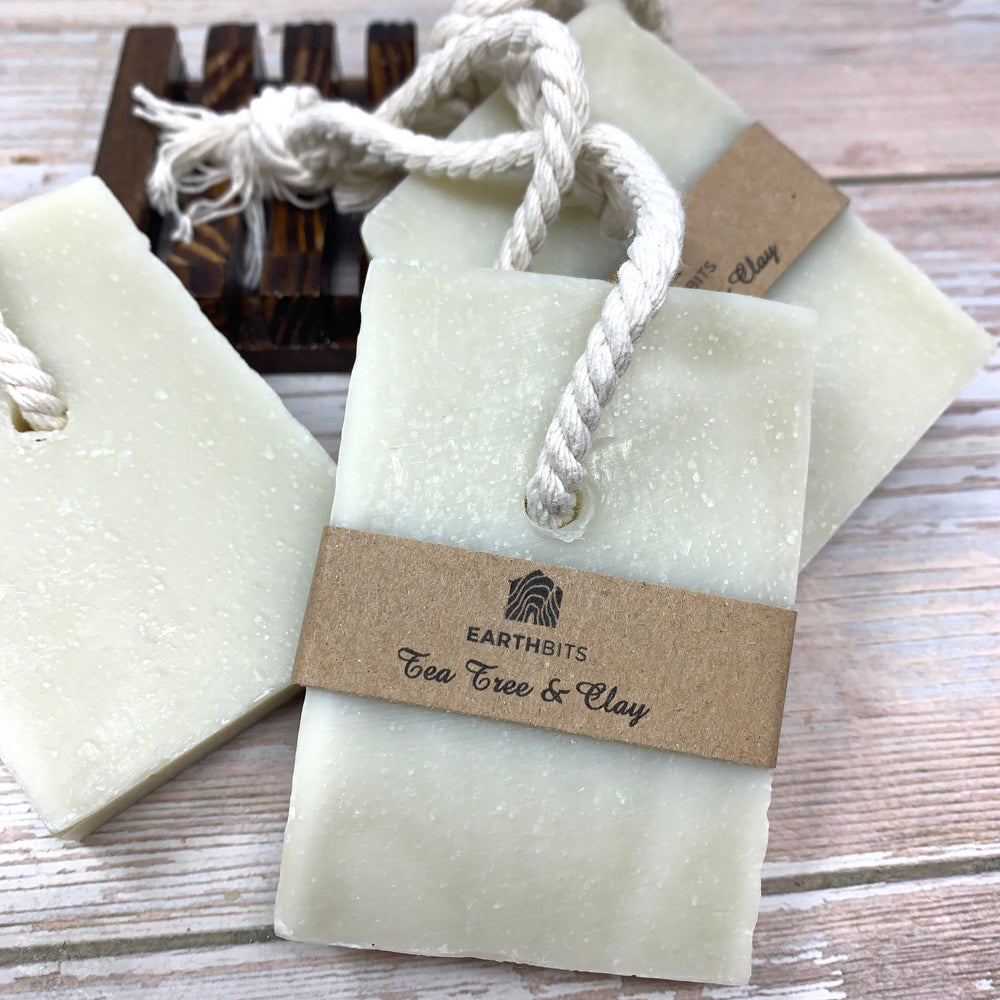 vegan soaps on rope made with tea tree and clay