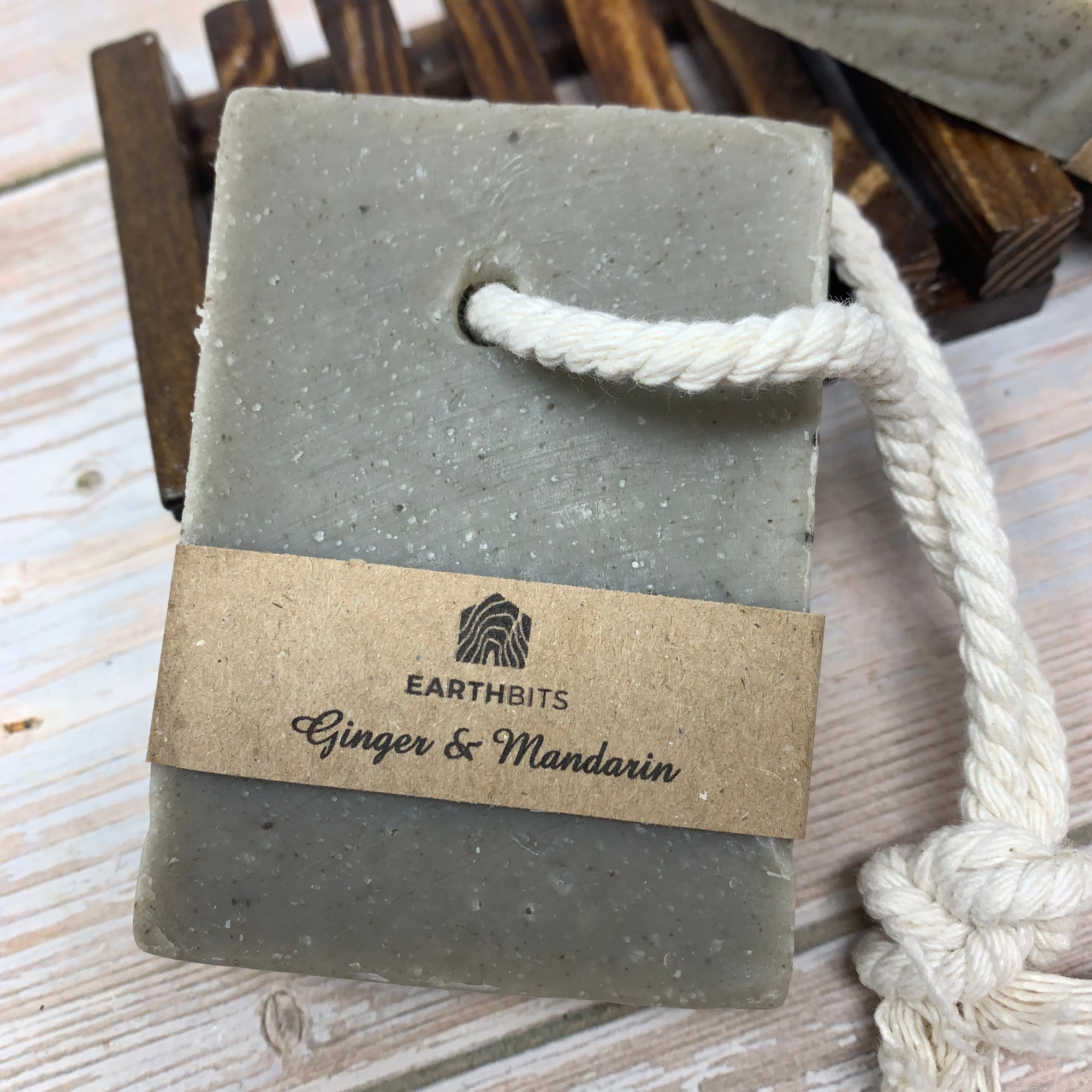 green ginger mandarin soap bar with white rope and brown paper label
