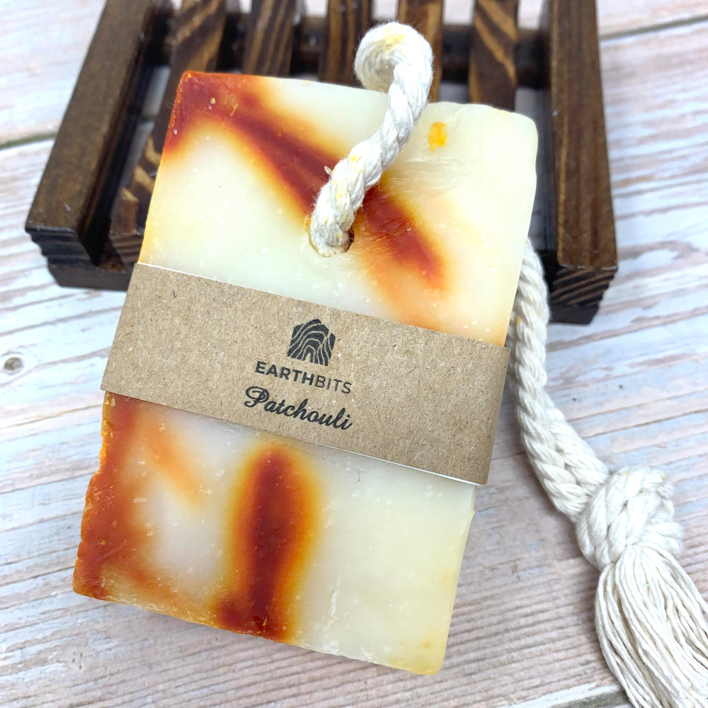 homemade organic soap on rope with patchouli and white rope earthbits