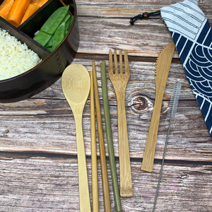 Bamboo Travel Cutlery/Utensil Set with Beige Organic Cotton Pouch