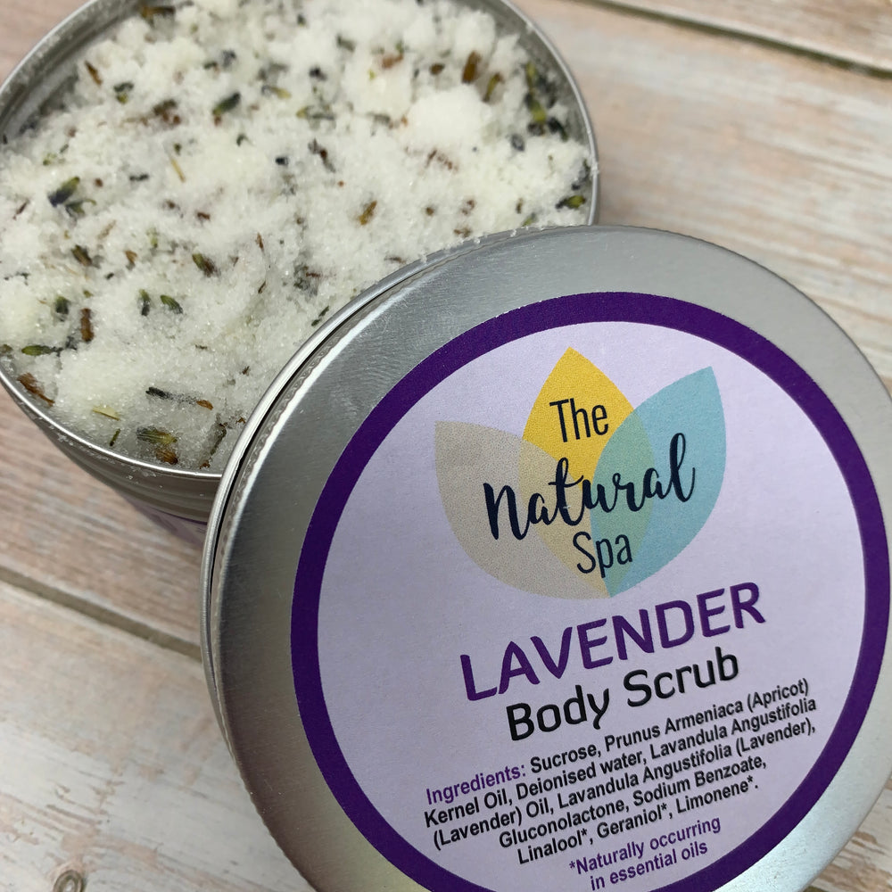 vegan body scrub with lavender and flowers in plastic free reusable packaging