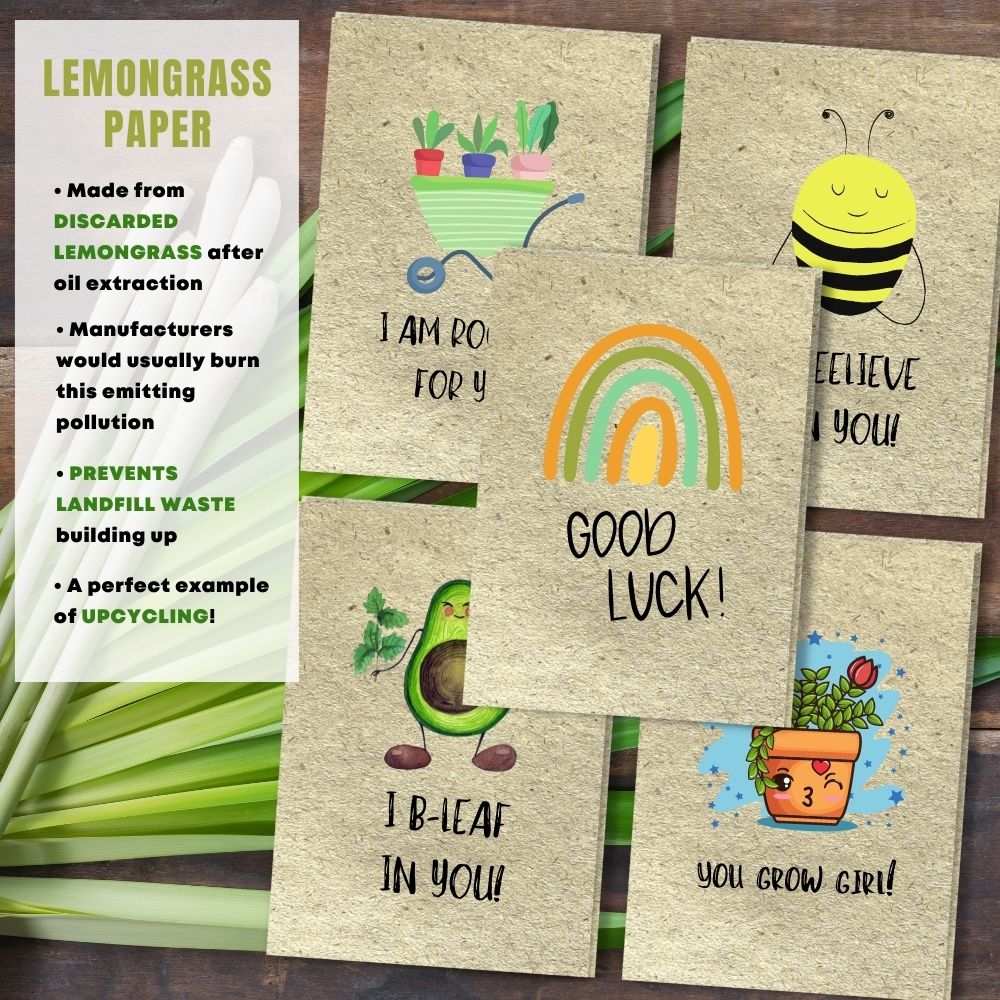 mixed pack of 5 good luck cards made with lemongrass paper