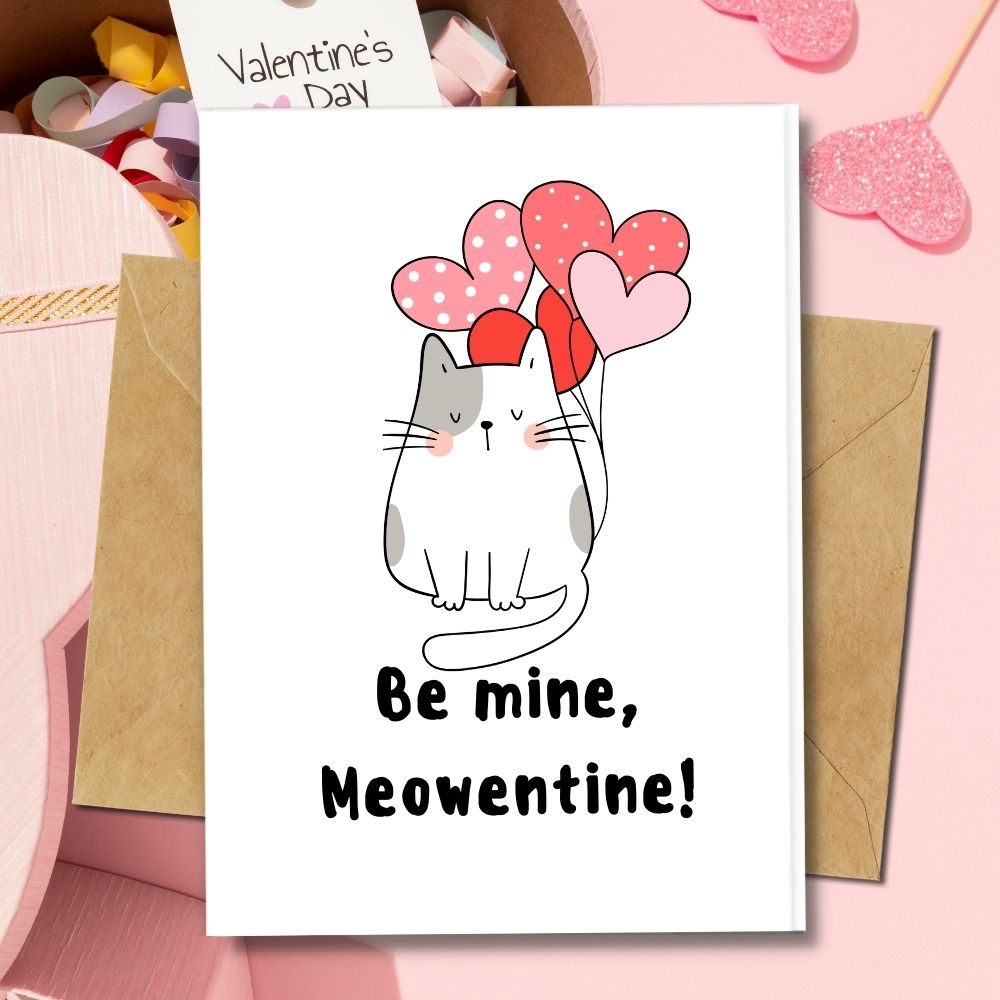 be mine, meowentine design a cute cat holding a heart pink ballons as a valentine's card made of eco friendly papers
