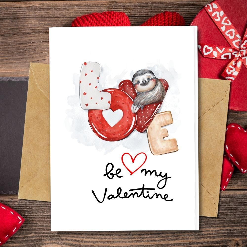 handmade valentine&#39;s card, a very cute sloth love design, eco friendly papers