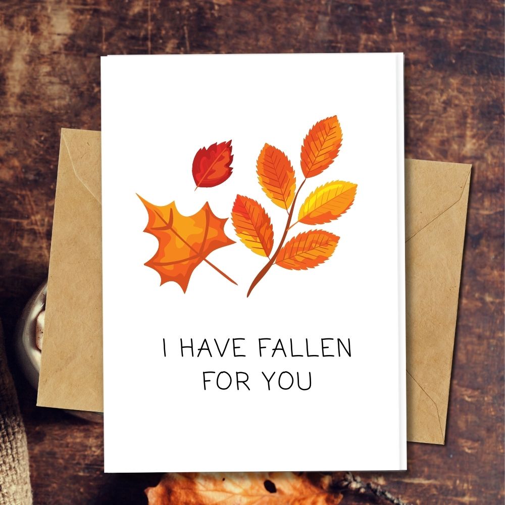handmade love cards, eco friendly with a design of autumn leaves i have fallen for you made of banana paper, coconut husk, cotton pulp etc