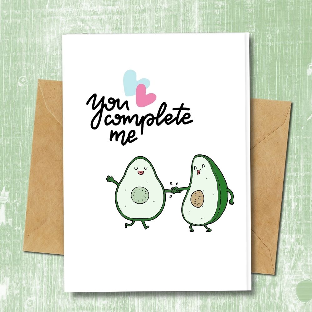 eco friendly greeting cards, you complete me design cute couple avocado, handmade cards, recycled paper