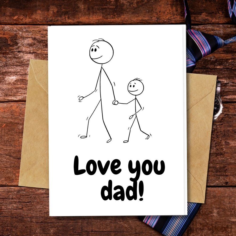 handmade father's day with a black and white design of father holding his son's hand while wallking