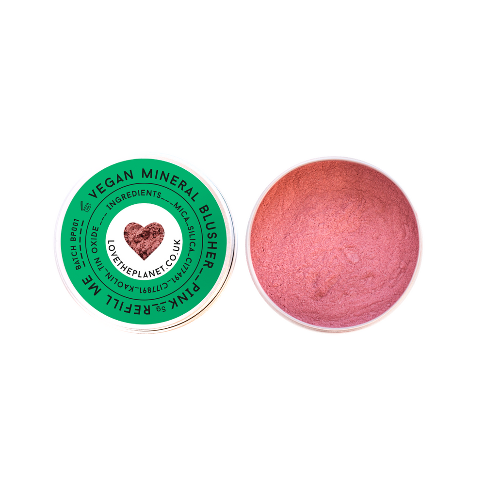 vegan mineral blusher pink by love the planet in reusable tin containers