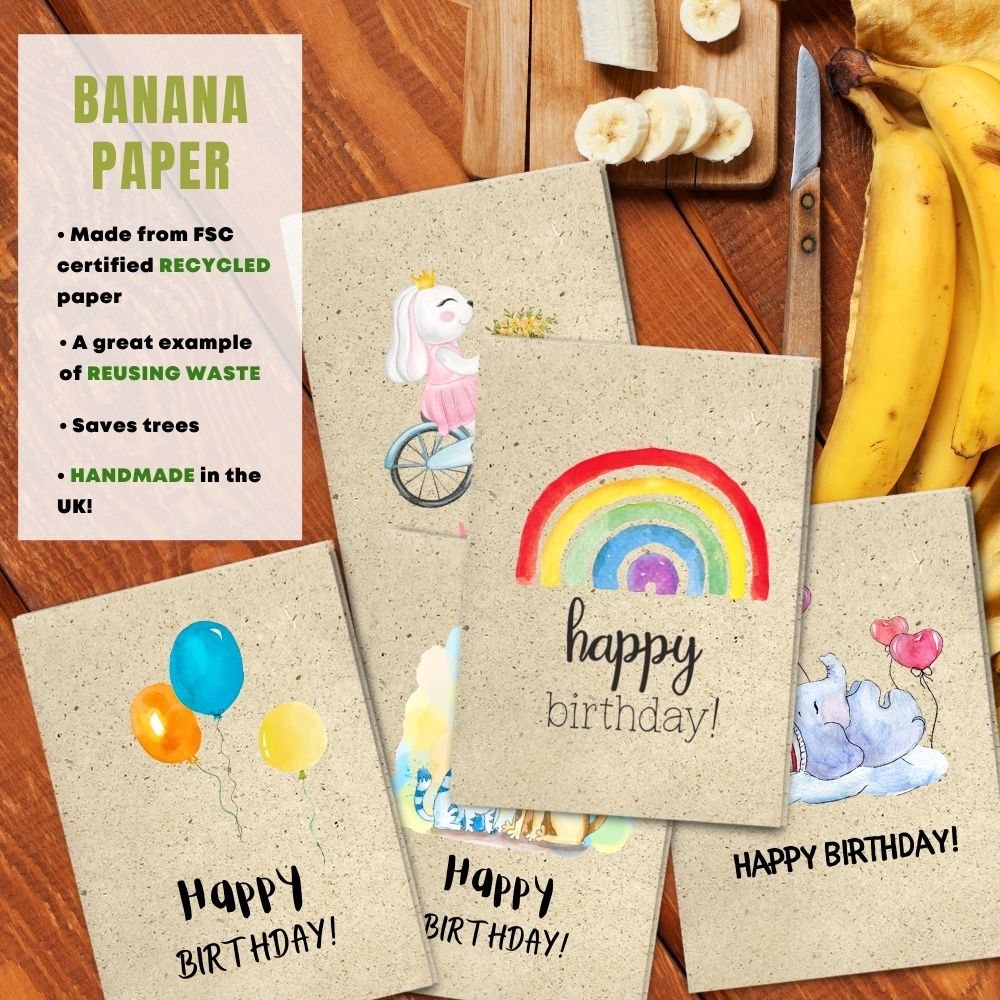 mixed pack of 5 children&#39;s birthday cards made with banana paper
