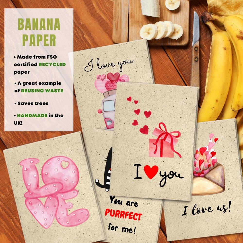 mixed pack of 5 love cards made with banana paper