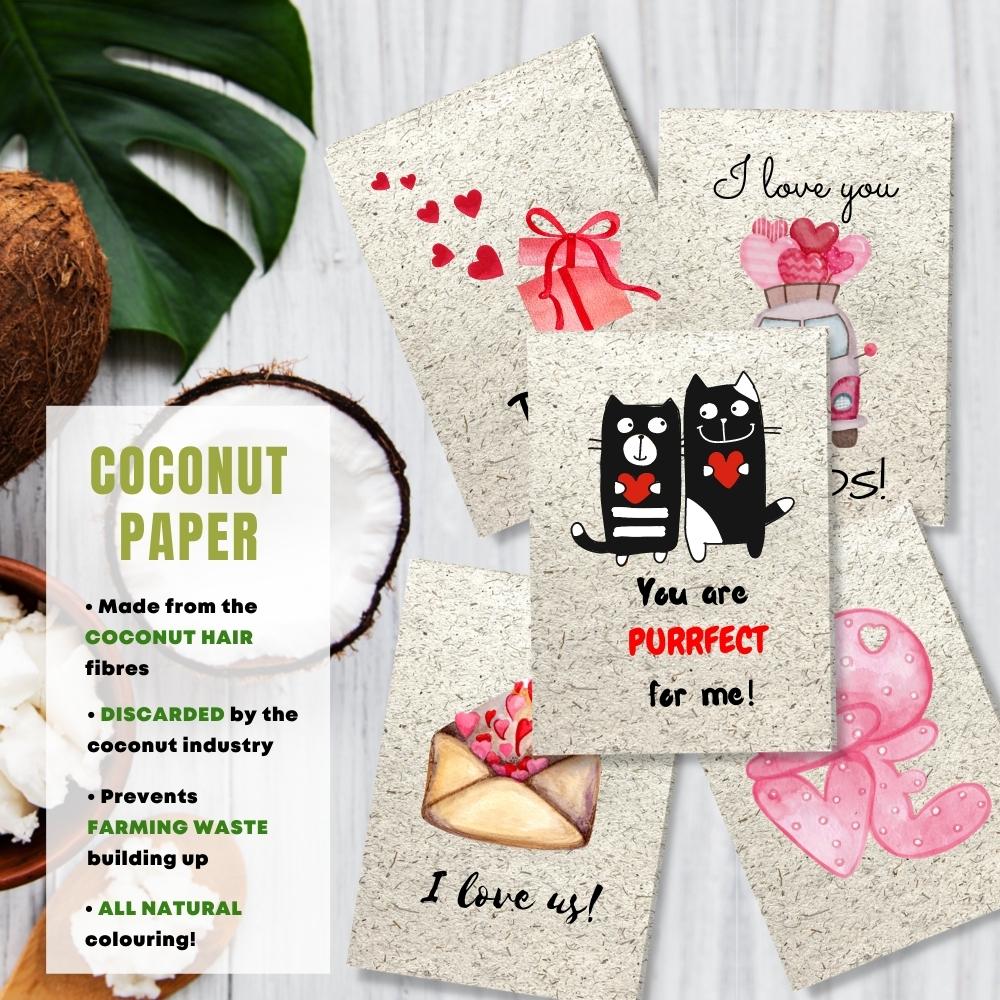 mixed pack of 5 love cards made with coconut husk