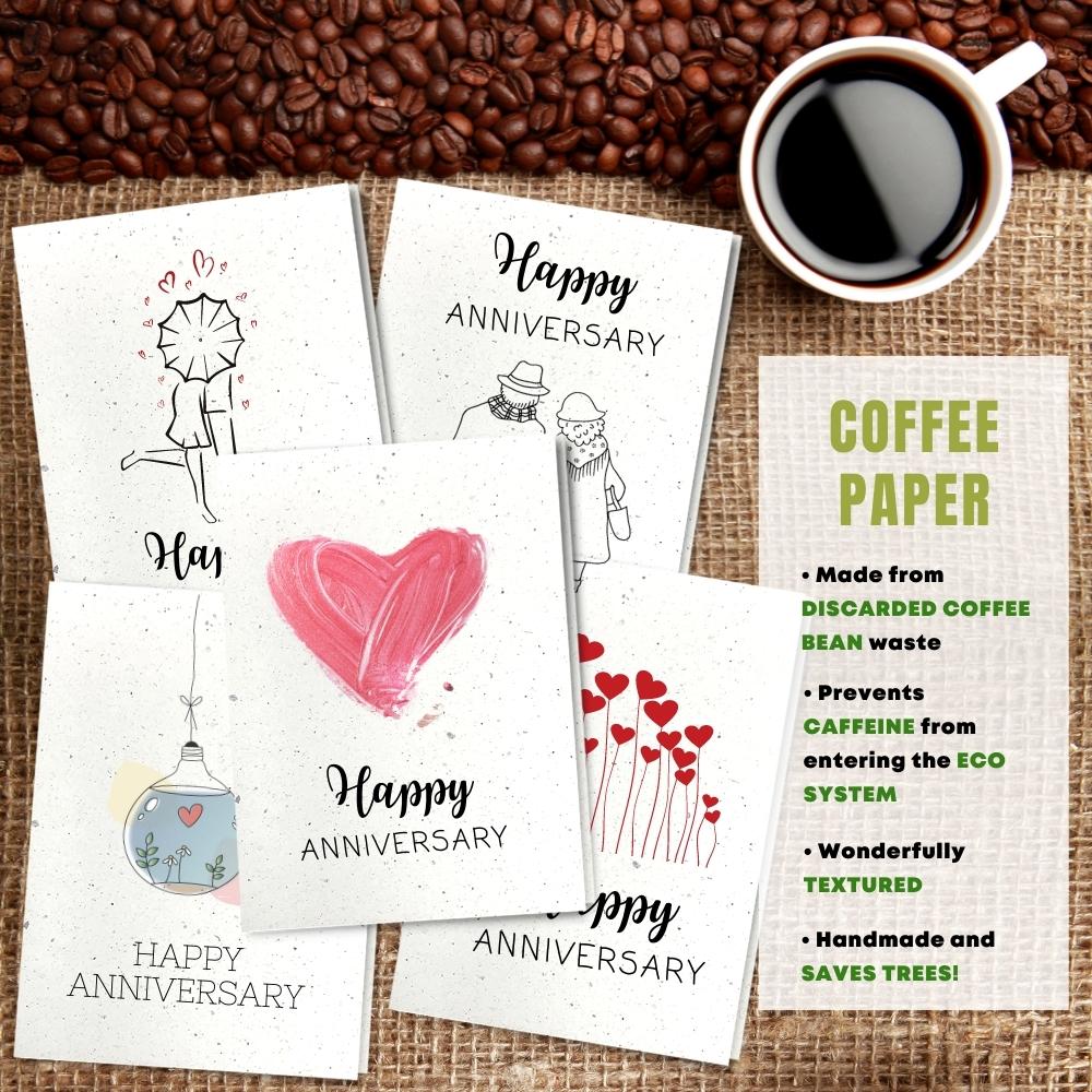  mixed pack of 5 anniversary cards made with coffee husk