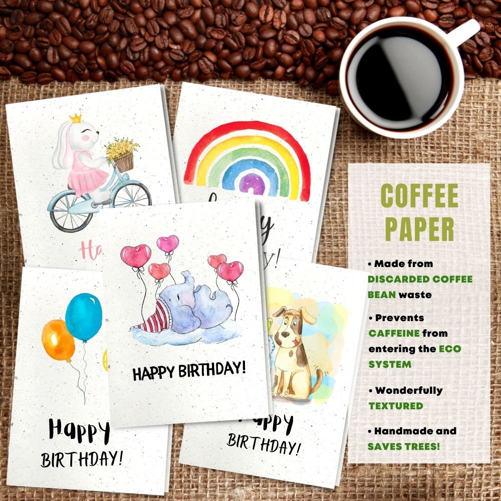 mixed pack of 5 children&#39;s birthday cards made with coffee husk