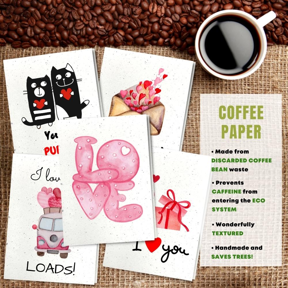 mixed pack of 5 love cards made with coffee husk