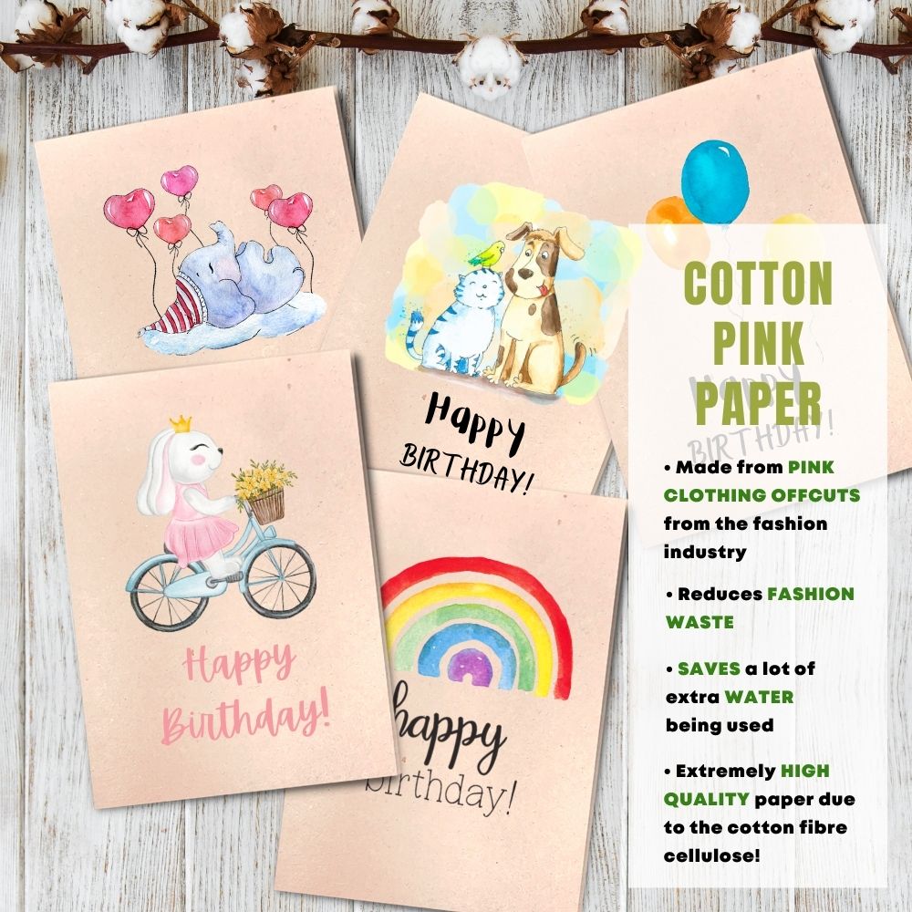 mixed pack of 5 children&#39;s birthday cards made with cotton waste pink