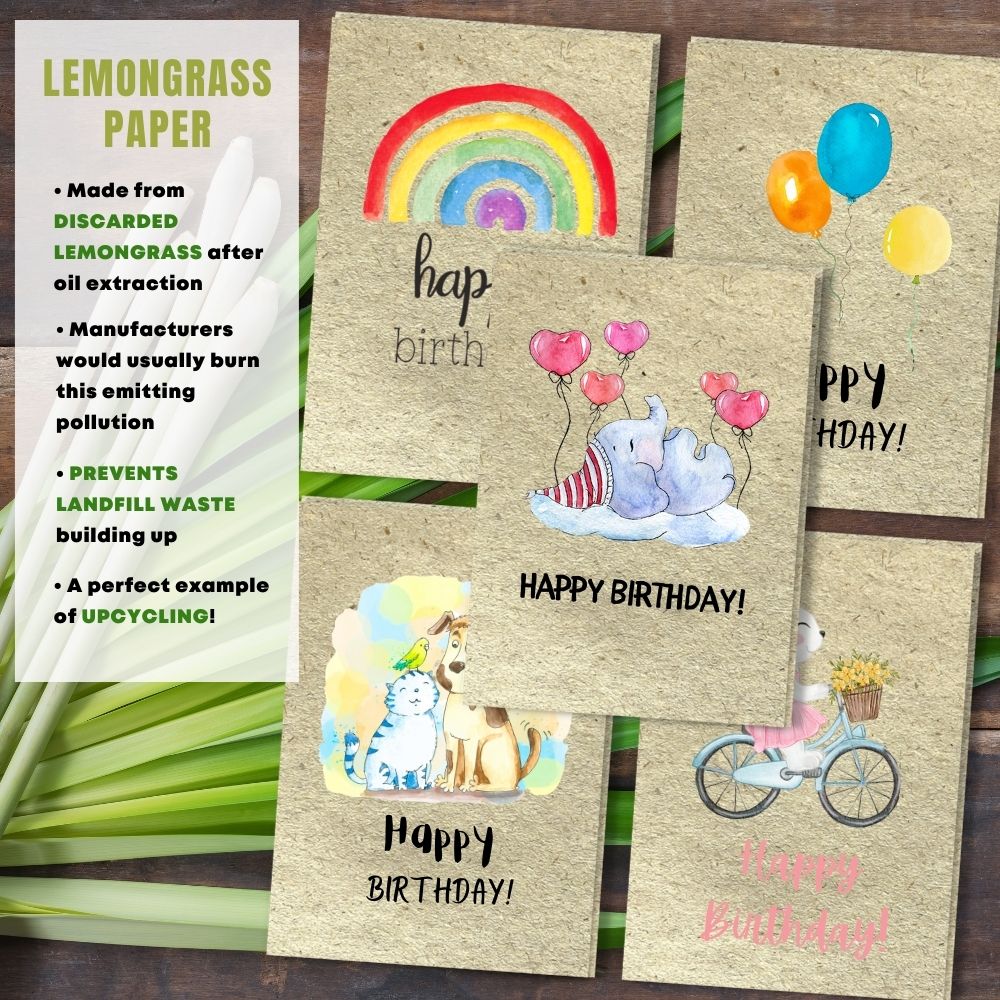 mixed pack of 5 children&#39;s birthday cards made with lemongrass paper