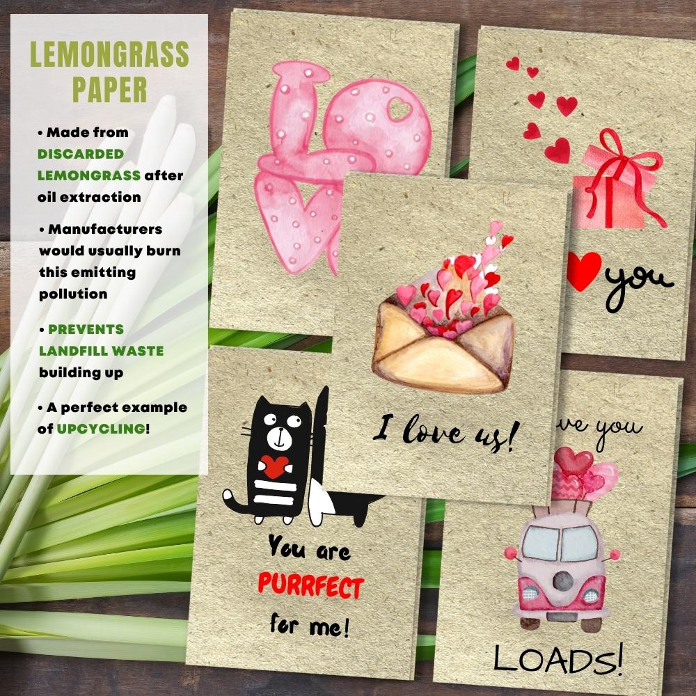 mixed pack of 5 love cards made with lemongrass paper