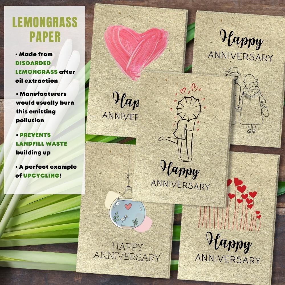  mixed pack of 5 anniversary cards made with lemongrass paper