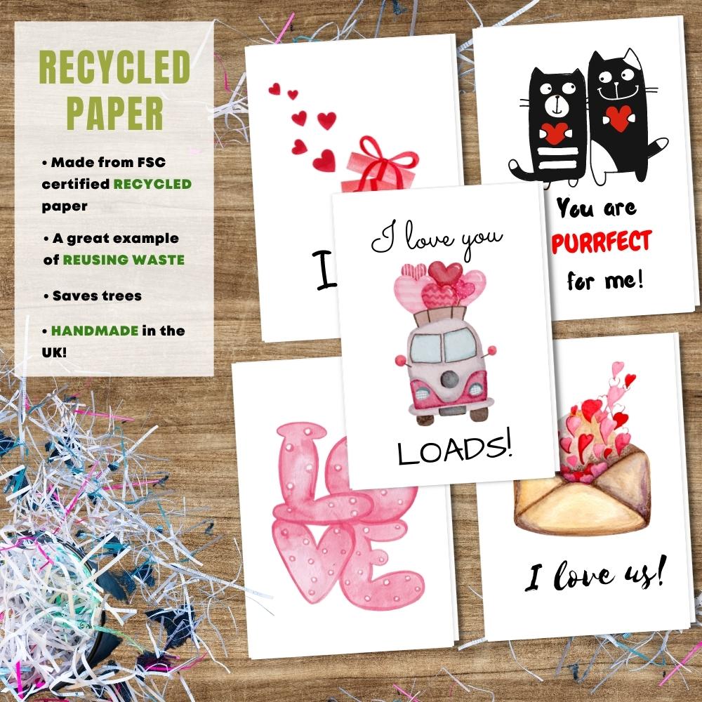 mixed pack of 5 love cards made with 100% recycled paper