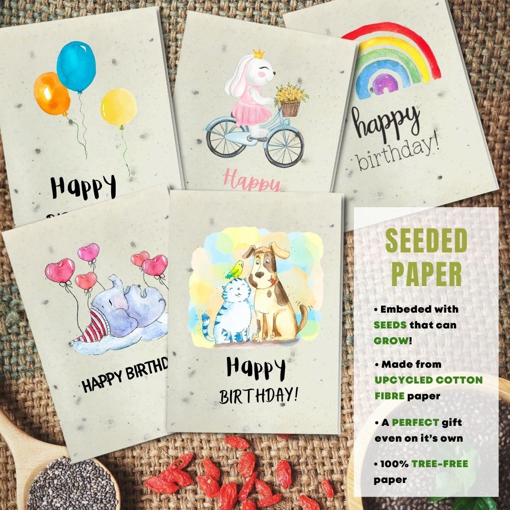 mixed pack of 5 children&#39;s birthday cards made with seeded paper