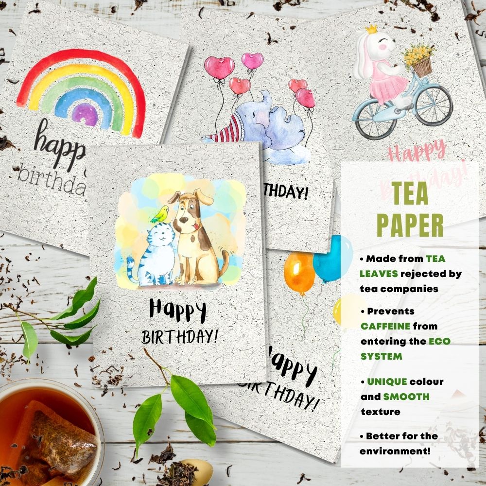 mixed pack of 5 children&#39;s birthday cards made with tea paper