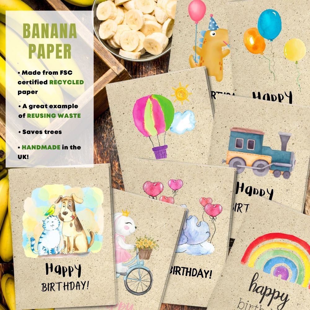 mixed pack of 8 children&#39;s birthday cards made with banana paper