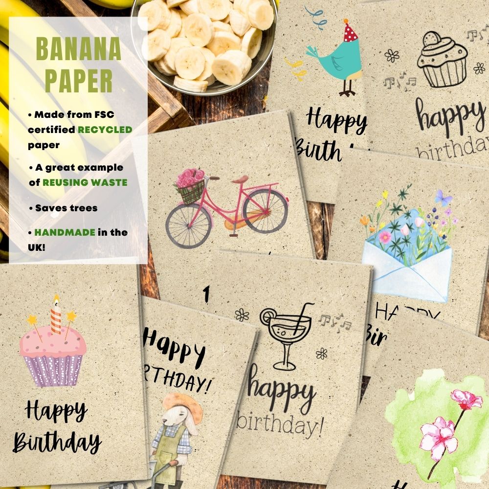 mixed pack of 8 birthday cards made with banana paper