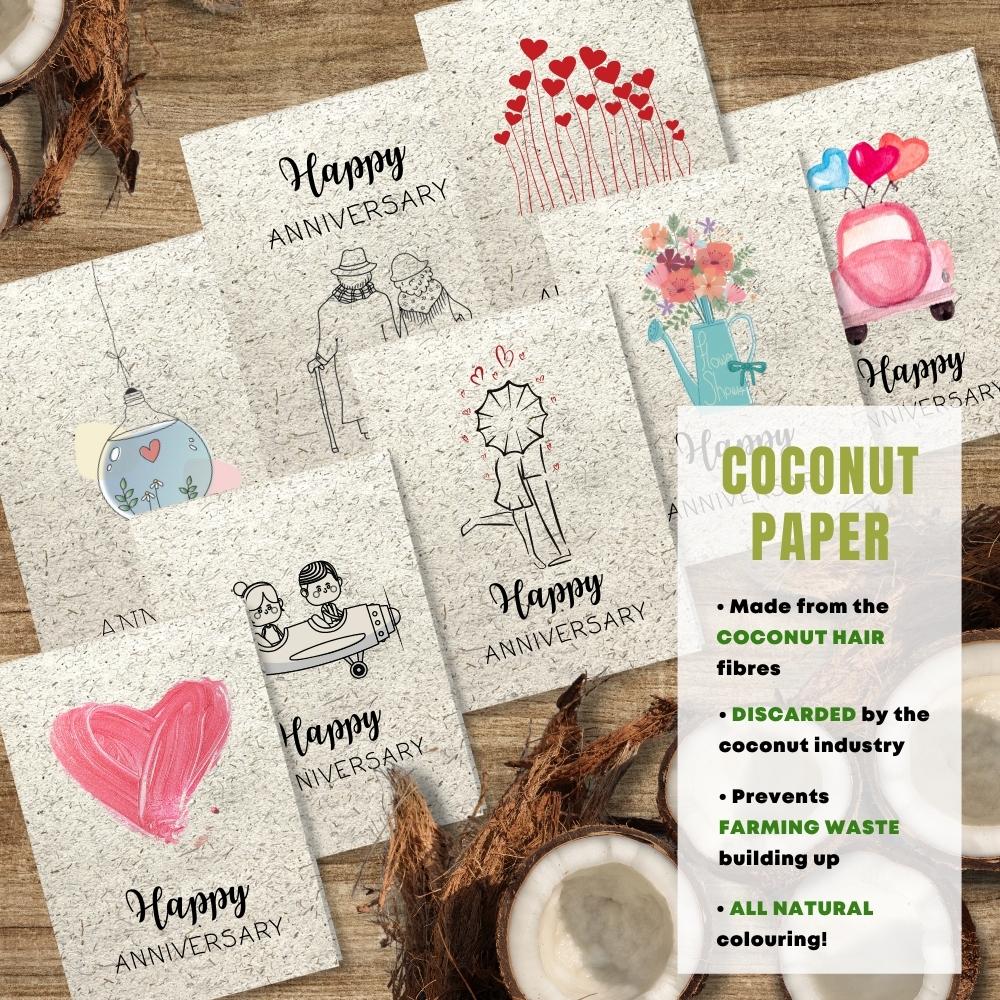 mixed pack of 8 anniversary cards made with coconut husk