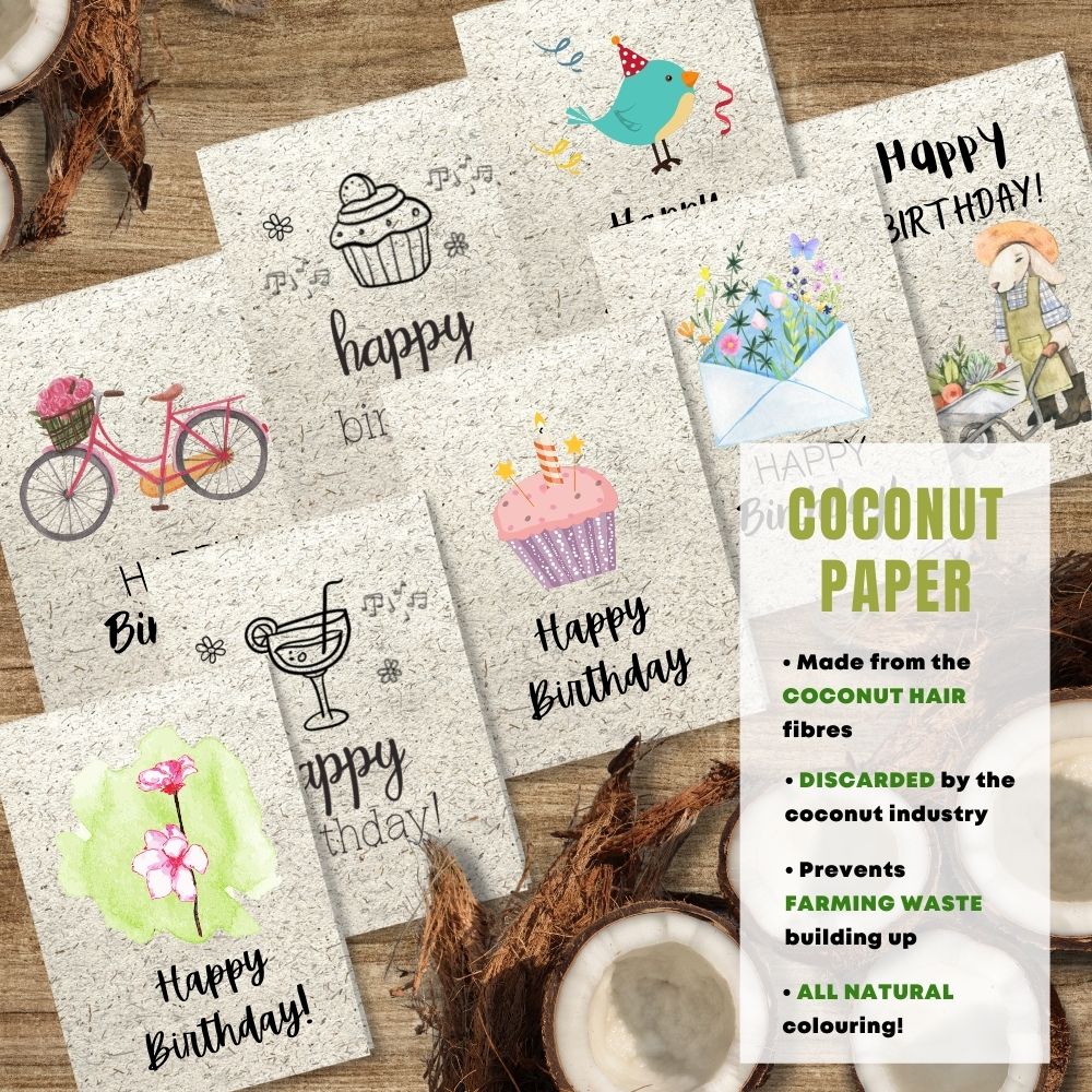 mixed pack of 8 birthday cards made with coconut husk
