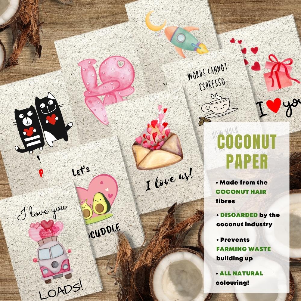 mixed pack of 8 love cards made with coconut husk