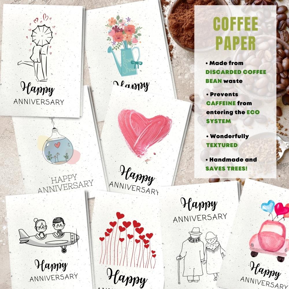 mixed pack of 8 anniversary cards made with coffee husk