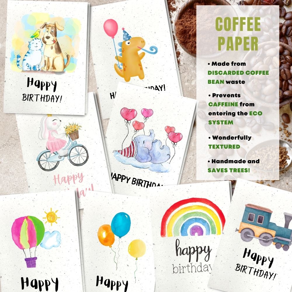 mixed pack of 8 children&#39;s birthday cards made with coffee husk