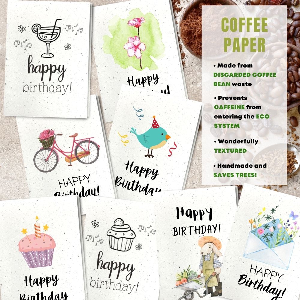 mixed pack of 8 birthday cards made with coffee husk