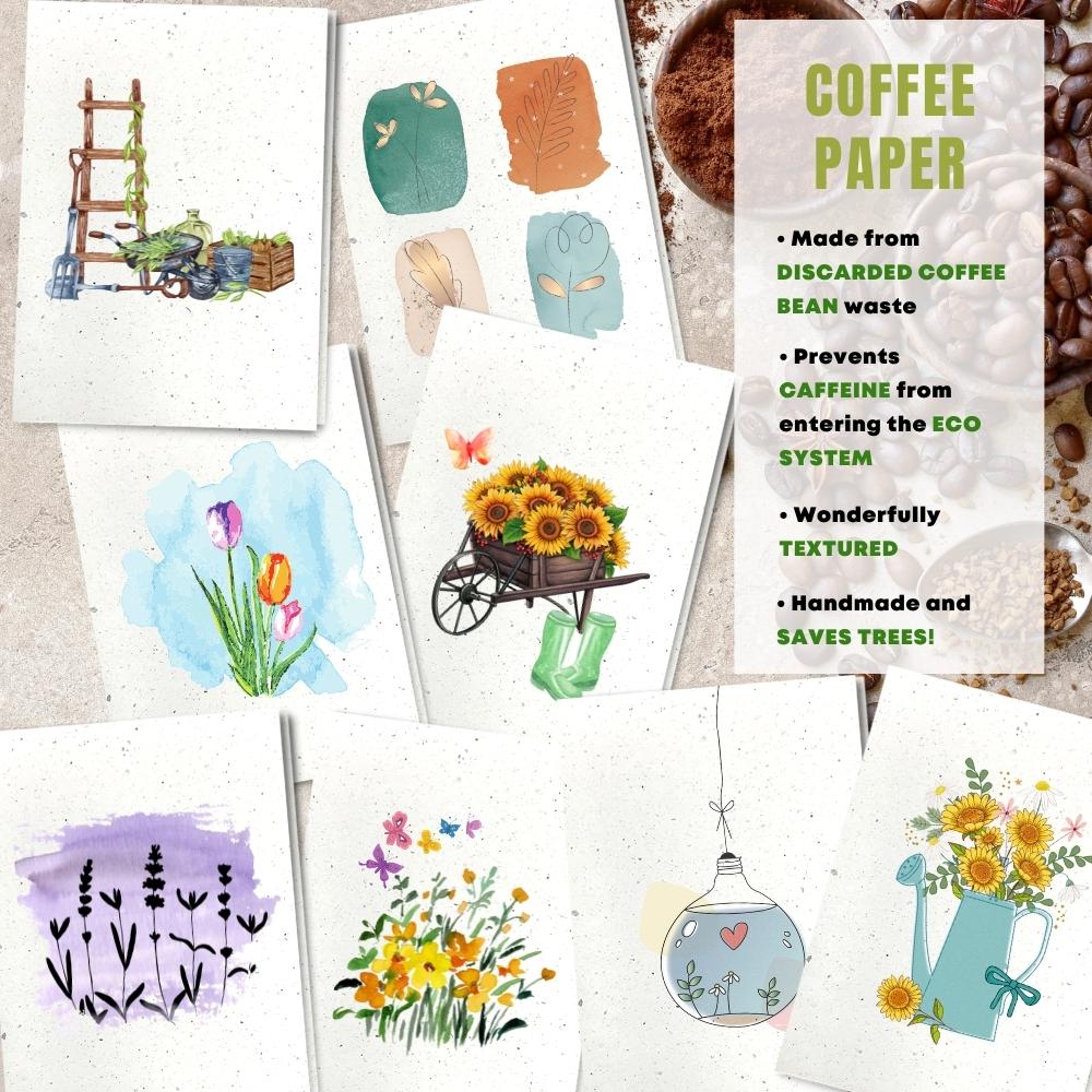 mixed pack of 8 greeting cards made with coffee husk