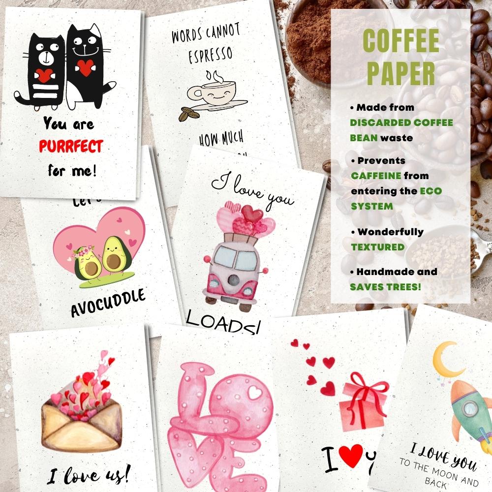 mixed pack of 8 love cards made with coffee husk