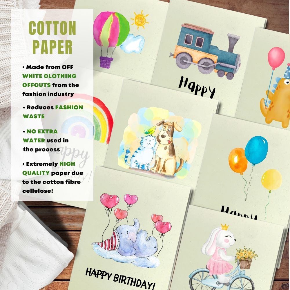 mixed pack of 8 children&#39;s birthday cards made with cotton pulp