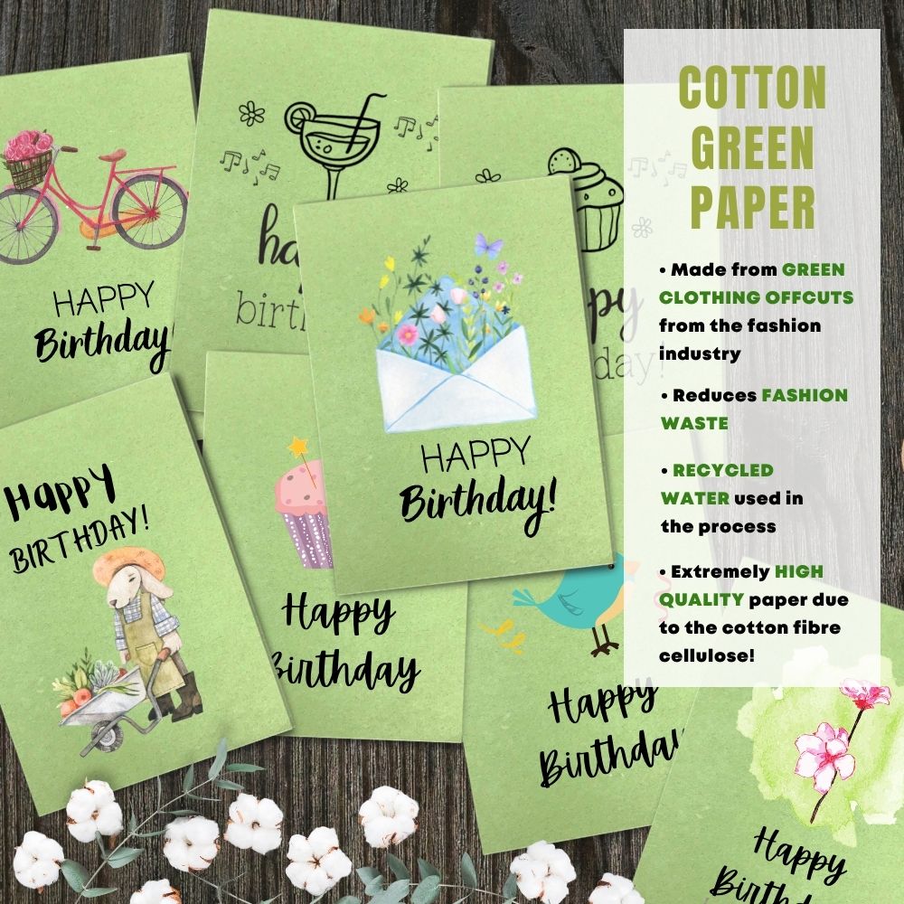 mixed pack of 8 birthday cards made with cotton waste green