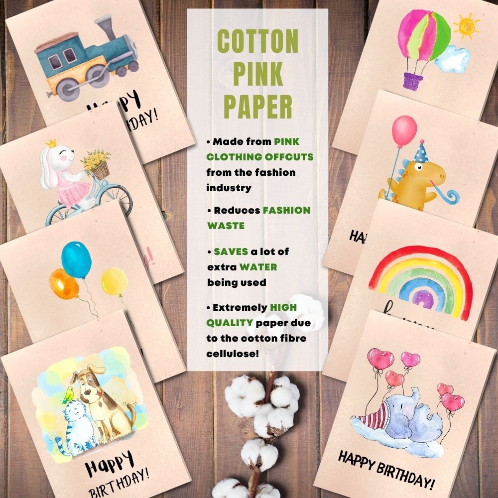 mixed pack of 8 children&#39;s birthday cards made with cotton waste pink
