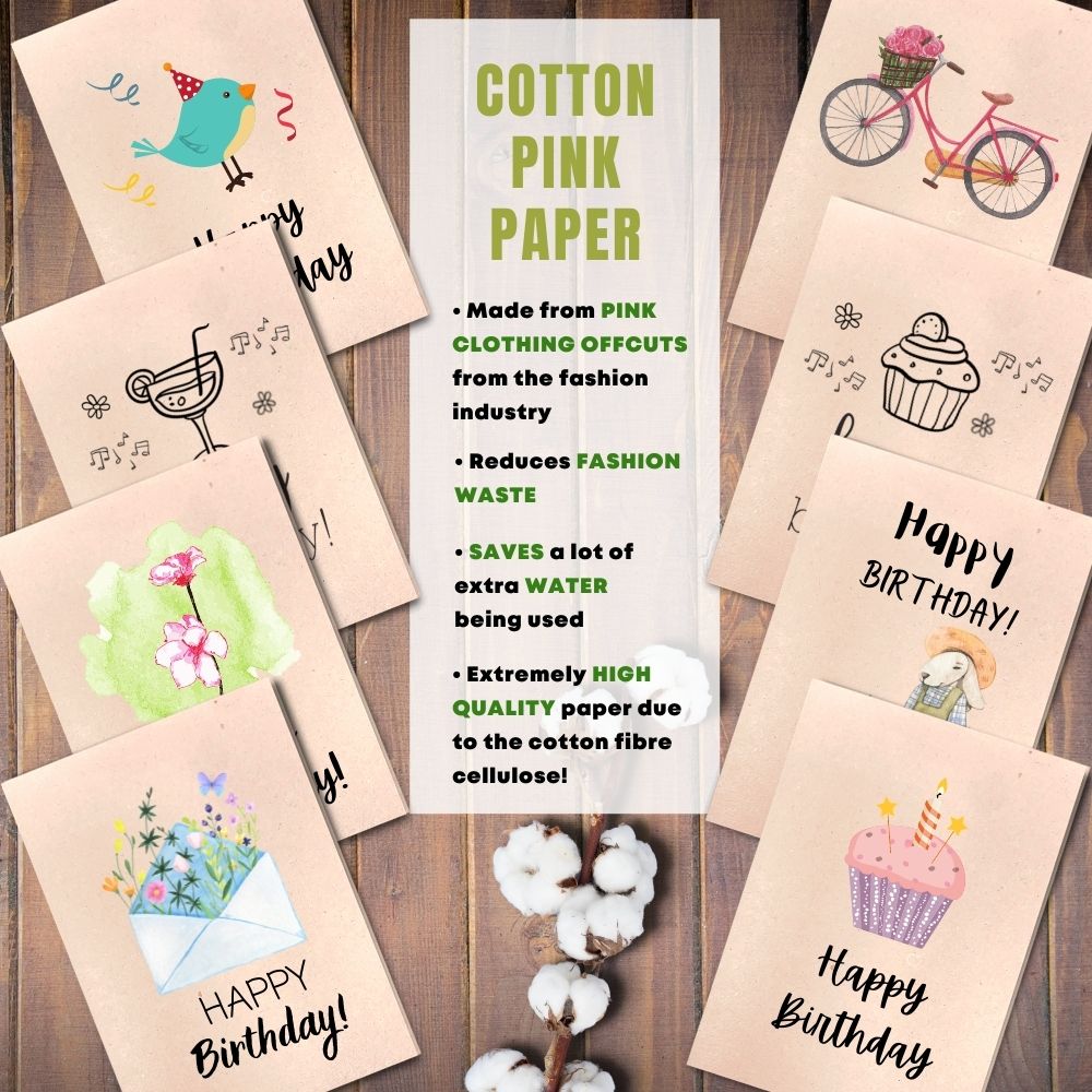 mixed pack of 8 birthday cards made with cotton waste pink