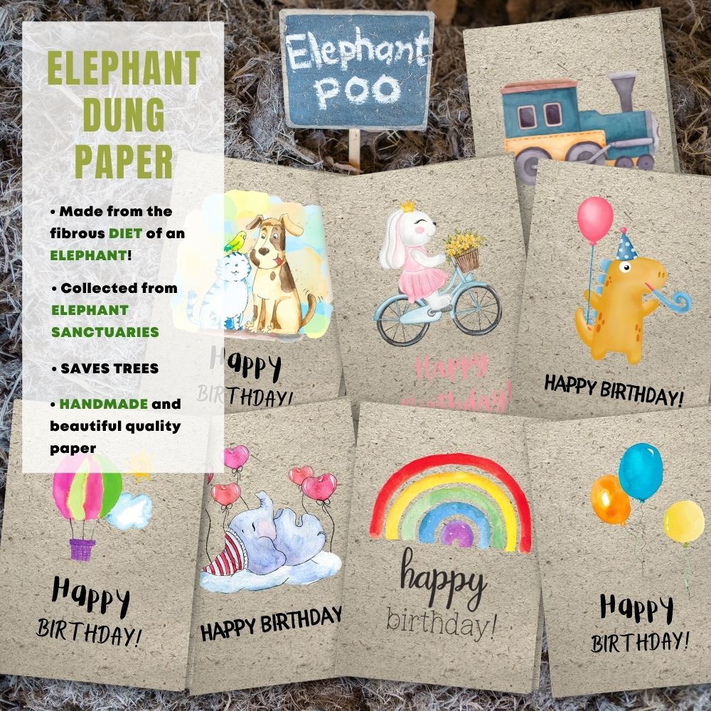 mixed pack of 8 children&#39;s birthday cards made with elephant poo