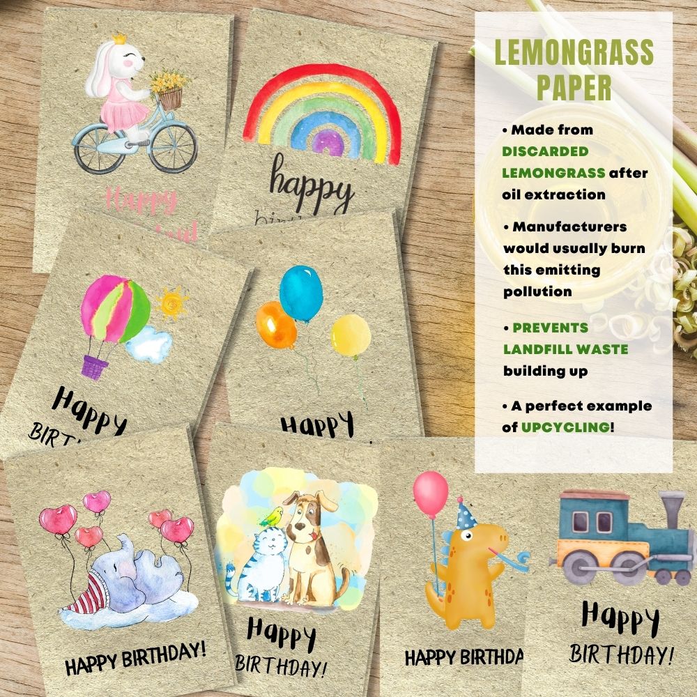 mixed pack of 8 children&#39;s birthday cards made with lemongrass paper