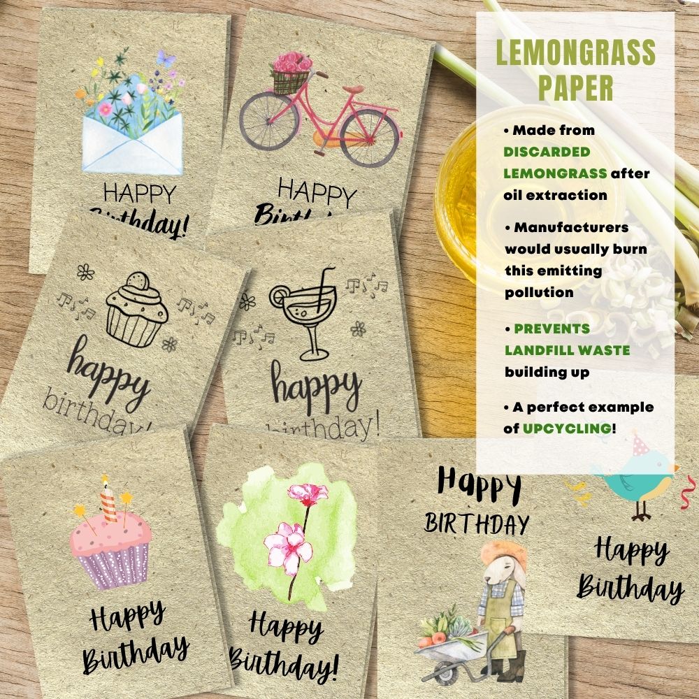 mixed pack of 8 birthday cards made with lemongrass paper
