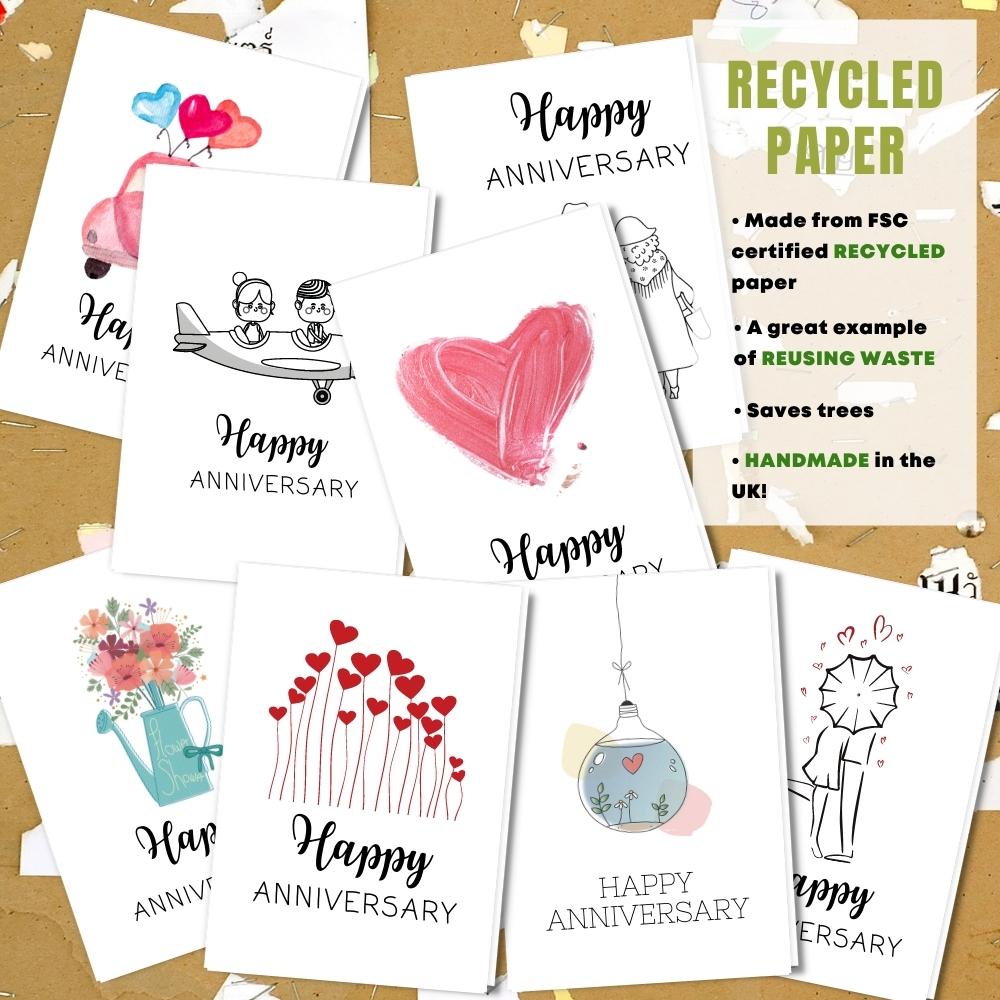 mixed pack of 8 anniversary cards made with 100% recycled paper