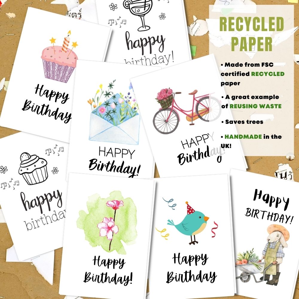 mixed pack of 8 birthday cards made with 100% recycled paper