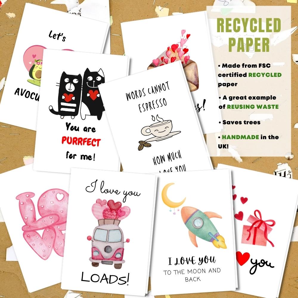 mixed pack of 8 love cards made with 100% recycled paper