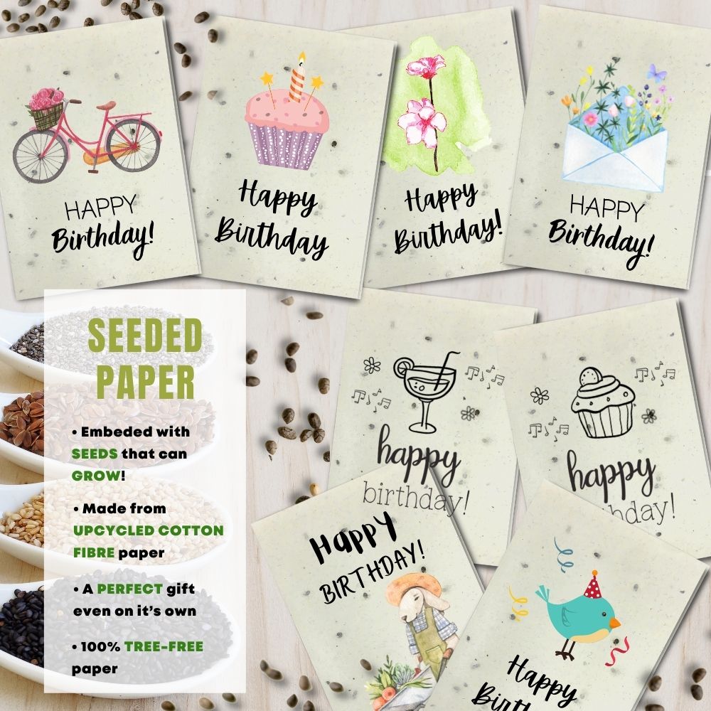 mixed pack of 8 birthday cards made with seeded paper