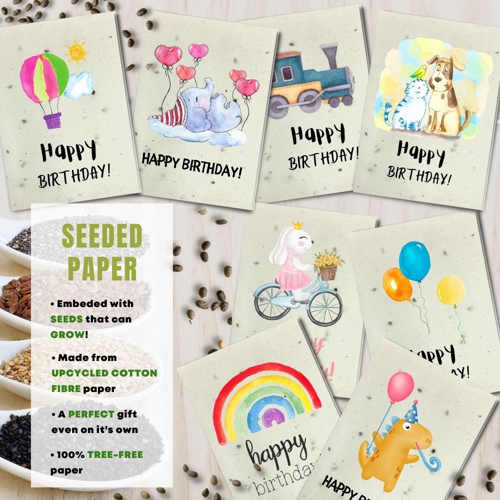 mixed pack of 8 children&#39;s birthday cards made with seeded paper