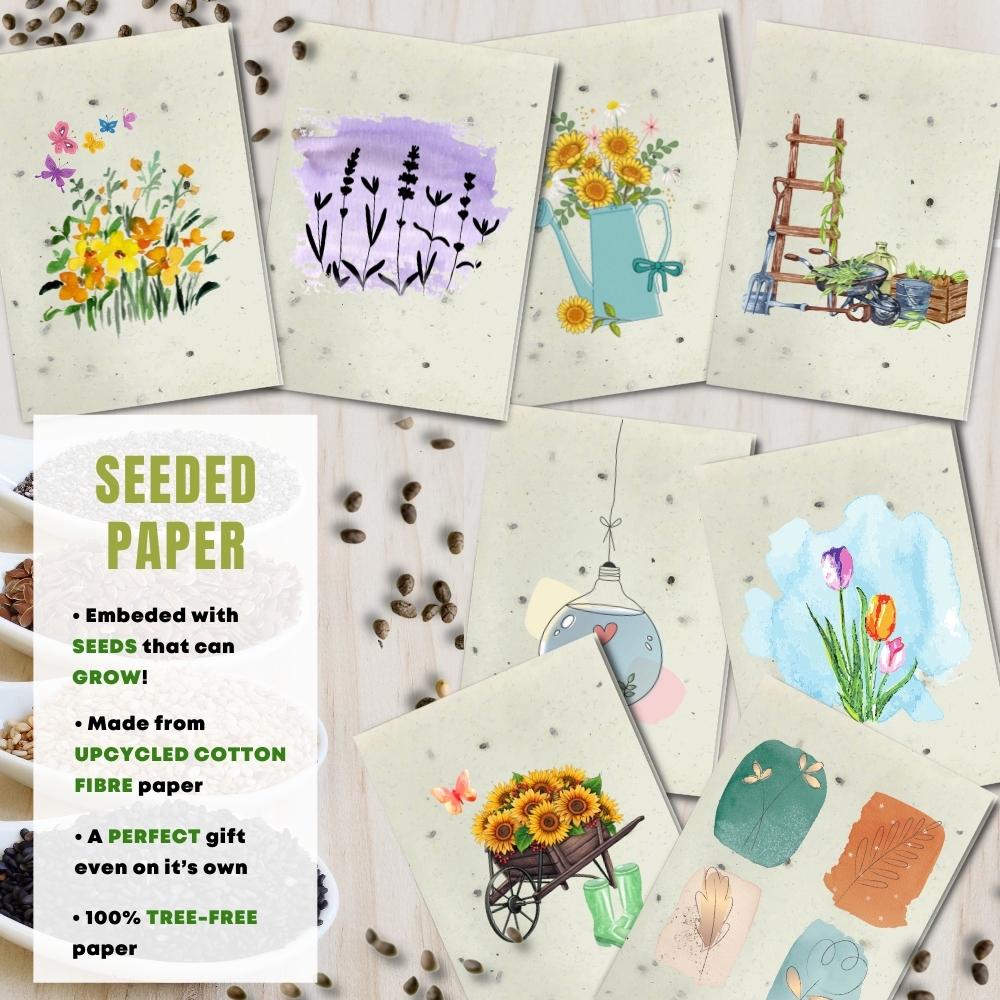 mixed pack of 8 greeting cards made with seeded paper